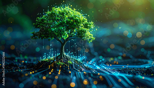 Sustainable business growth and green technology concept featuring a vibrant tree growing from a complex digital network of data points and integrated information systems