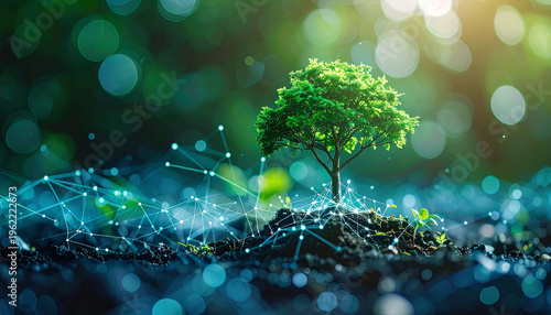 Sustainable business growth and green technology concept featuring a vibrant tree growing from a complex digital network of data points and integrated information systems