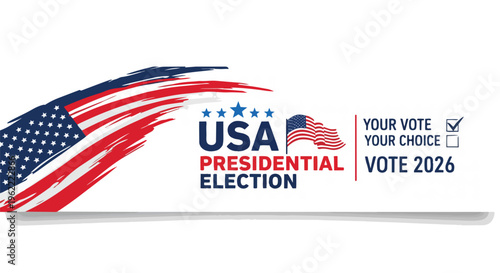 Abstract US flag elements with text 'USA Presidential Election', clean white background, concept for voting campaigns, patriotic design, political marketing materials.