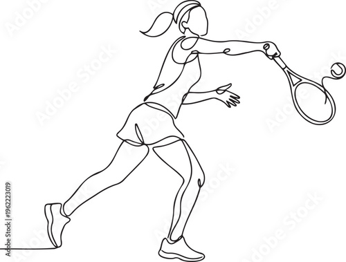 Continuous line tennis player vector, minimalist athlete hitting ball over net