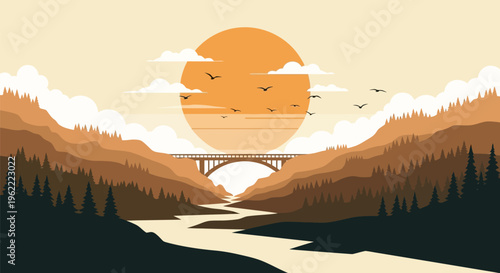 Majestic River Flowing Through a Serene Valley at Sunset.