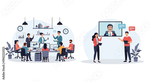 Modern Business Collaboration: Diverse Team at Work, Analyzing Data in Office & Engaging in Virtual Meetings and Remote Video Conferences