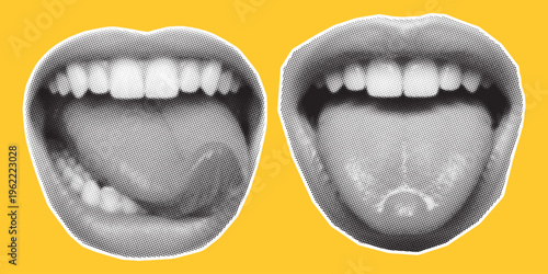 Double Open Mouth Halftone Collage Element – Retro Dotted Lips with Tongue in Pop Art Vintage Grunge Style for Expression, Voice and Attitude Design