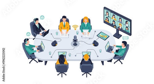 Hybrid Business Meeting Illustration with In-Person and Video Conference Participants