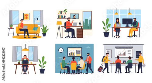 Modern Workplace & Collaboration Scenes: Remote Work, Office Teams, Business Meetings, Home Offices