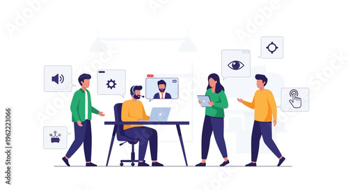 Modern Team Collaboration: Remote Work, Video Conferencing, and Digital Tools Illustration