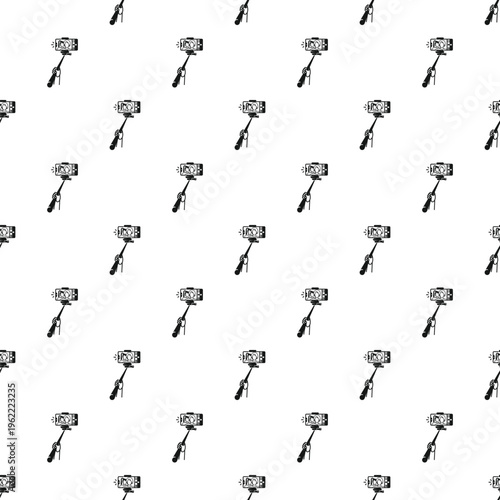 Seamless pattern featuring a smartphone mounted on a selfie stick on a white background