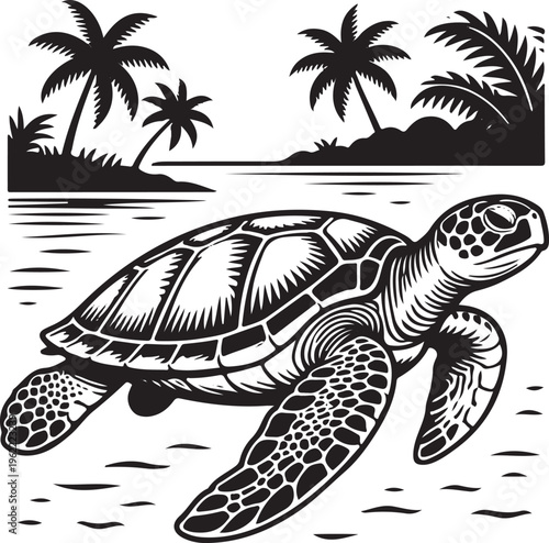 A black and white artistic illustration of a sea turtle swimming near a tropical island coastline