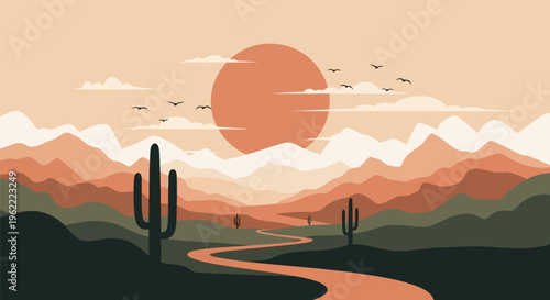 Majestic Saguaro Cacti Stand Tall in Desert Landscape at Sunset.