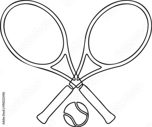 Minimalist tennis rackets line art, crossed racket vector icon, sports equipment logo