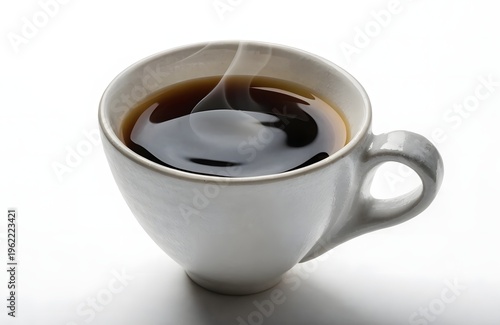 A steaming cup of black coffee on a white background