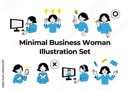 ミニマルなビジネス女性イラストセット（SNS・仕事・勉強・IT）