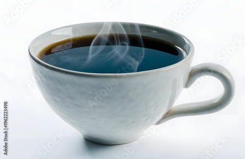 A steaming cup of black coffee in a white ceramic mug on a plain background