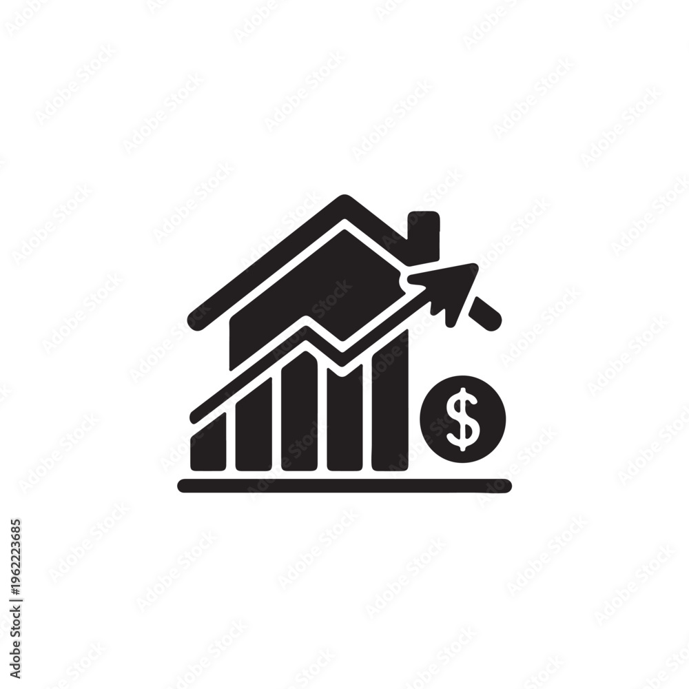 Fototapeta premium Real estate market growth chart with increasing trend line, representing investment, financial success, and property value appreciation, dollar coin on side, isolated