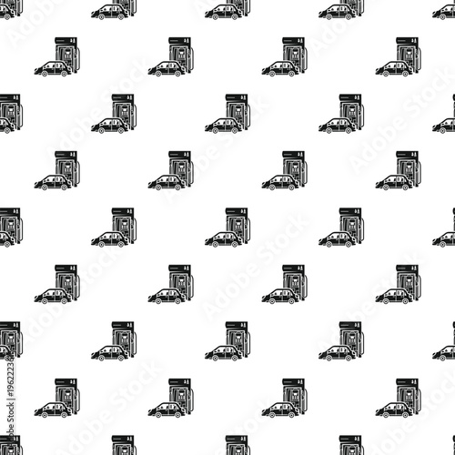 Vehicles refuel at a gas or petrol station pump in a repeating pattern