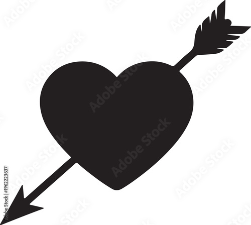 Black Silhouette of Heart Pierced by Cupid's Arrow, Symbolizing Love and Romance, Isolated on White Background
