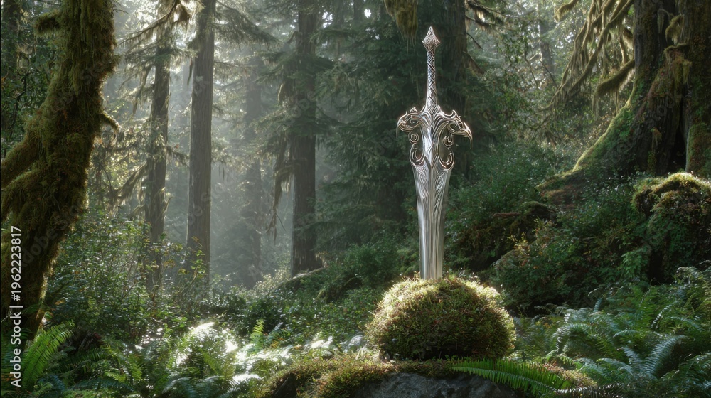 Fototapeta premium Glistening Silver Sword With Intricate Vine-Like Details Standing In A Sun-Dappled Enchanted Forest