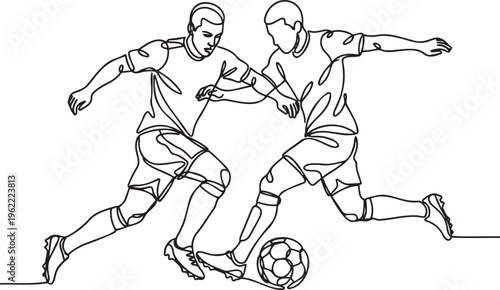 Continuous line soccer players, football match action vector, minimalist sports illustration