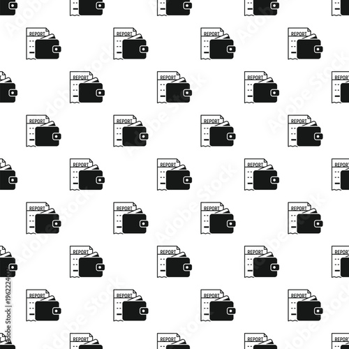 Repeating pattern showing financial reports and wallets on a white background