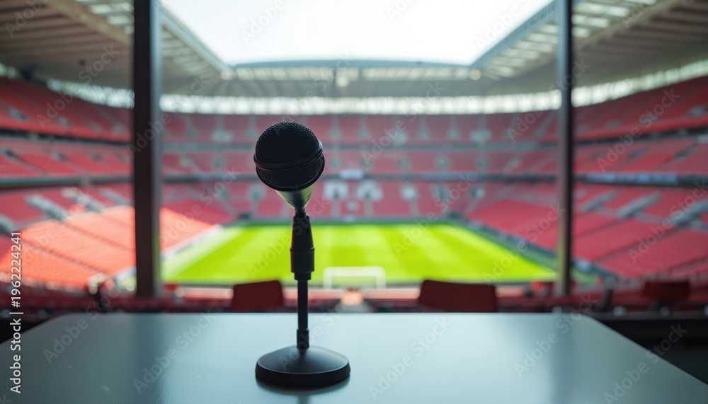 Naklejka premium Microphone waits on table in press box with view of empty soccer stadium field. Ready for sports broadcast or journalism commentary before game starts. Focus on sound equipment.