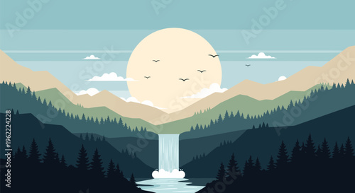 Majestic Waterfall Cascading into Serene Lake Underneath a Radiant Sun.