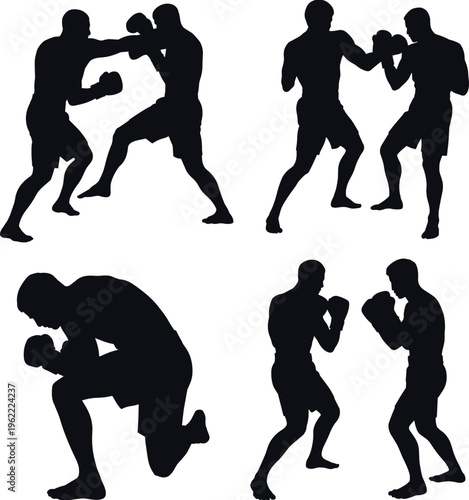Boxing silhouettes collection featuring fighters punching, sparring and training poses, dynamic male athletes isolated for combat sport, competition, fitness and strength design projects