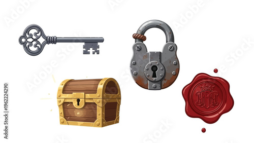 Collection of a vintage key, old padlock, treasure chest, and red wax seal on a white background with a flat lay composition.