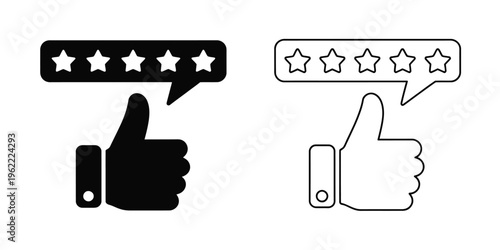 Positive Review Icons – Thumbs Up and Five Star Rating Line Symbols