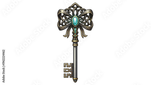 Close-up of an ornate antique key with a turquoise gemstone on a white background, showcasing intricate metalwork and a vintage design.