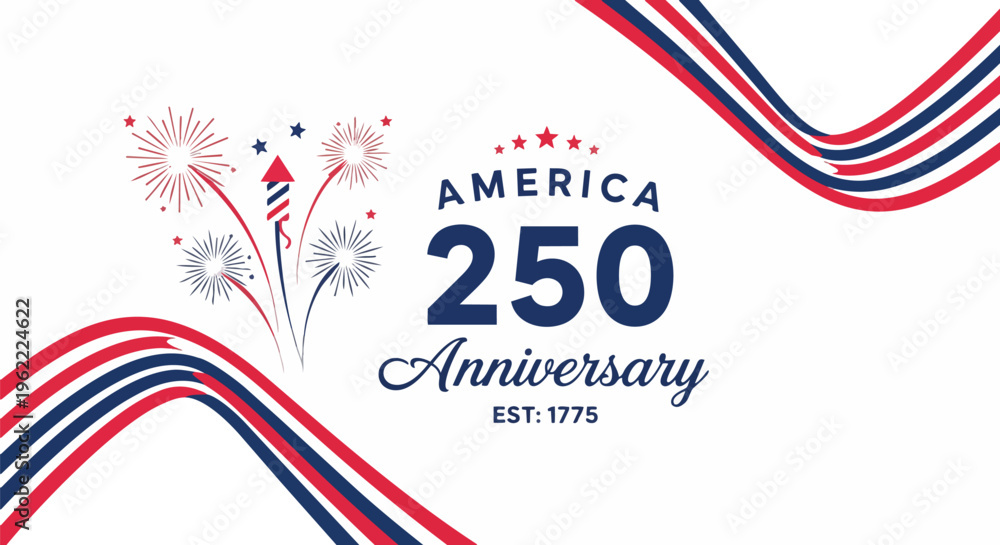 Obraz premium Patriotic illustration with stylized fireworks and abstract red, white, and blue ribbons, perfect for national holiday promotions, historical events, and anniversary celebrations.