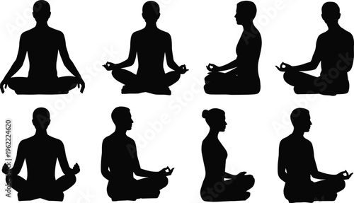 Meditation silhouettes collection featuring men and women practicing yoga, lotus pose and mindfulness exercises, black human figures isolated for wellness, relaxation and healthy lifestyle designPrint