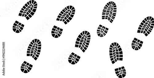 Black Boot Footprint Silhouette Set Vector Illustration of Shoe Sole Prints and Human Footsteps for Tracking Hiking Investigation and Outdoor Adventure Design Elements