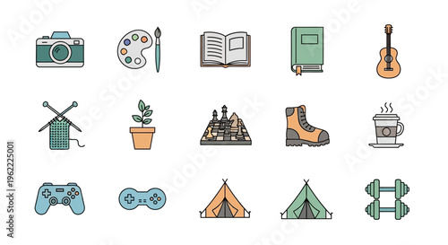 Collection of vector icons representing hobbies, leisure, and recreational activities