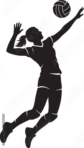 Dynamic silhouette of a female volleyball player in mid-air, powerfully spiking the ball during a game