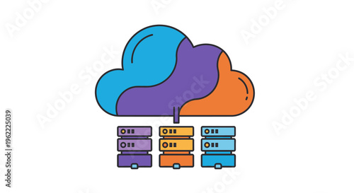Colorful cloud computing concept with server racks illustrating data storage and management