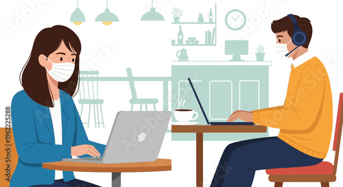 Productive Remote Work in a Socially Distanced Cafe. Masked Man and Woman Collaborating on Laptops, Symbolizing the New Normal and Hybrid Workplace.