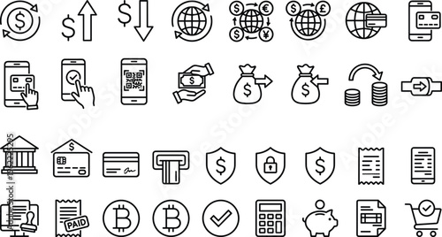 Financial Transaction and Currency Exchange Line Icon Set with Mobile Payment, Banking Security, Bitcoin, Receipts, Wallet, Approval, Transfer, and Accounting Symbols for UI Design