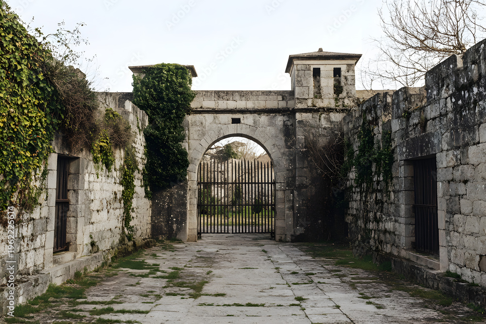 Obraz premium Historical Prison Facade with Aged Stone and Ivy Growth 