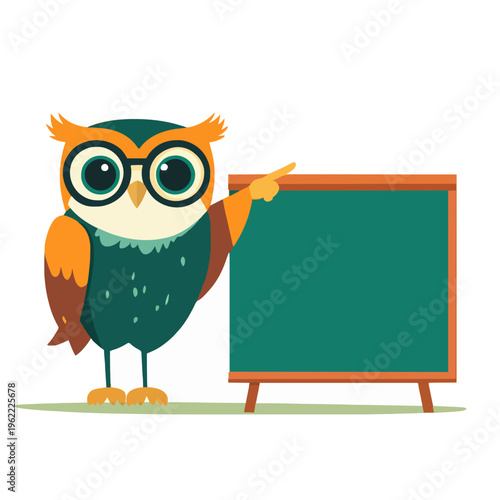 Owl Blackboard Teacher Pointing - Cartoon Bird With Glasses Presenting Empty Chalkboard Sign, Education Concept, Teaching, School Presentation, Generative AI 200 char