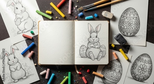 Easter bunny drawings and colored pencils.