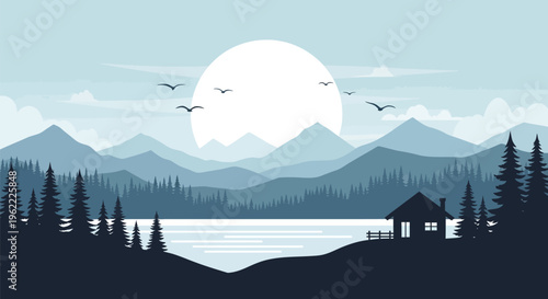 Minimalist Landscape with Lake and Cabin at Sunset.