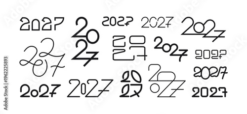 2027 New year logo text set. Numbers symbols typography icons. Hand drawn digits isolated on white background. Design elements for calendar, greeting card, invitation, poster. Vector illustration.