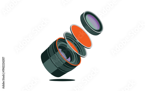 A detailed vector graphic illustration of a camera lens disassembled into its components