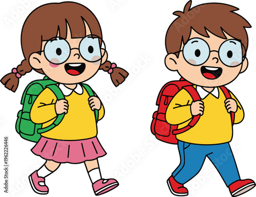 Cute cartoon boy and girl students with glasses and backpacks walking to school isolated on white background for back to school education design