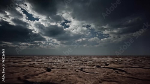 Abandoned red oil barrel, standing alone in cracked dry earth landscape, under ominous stormy sky, symbolizing environmental disaster, pollution, and desolation.