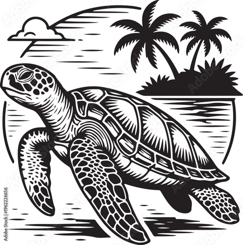 A black and white line art illustration featuring a sea turtle swimming near a tropical island