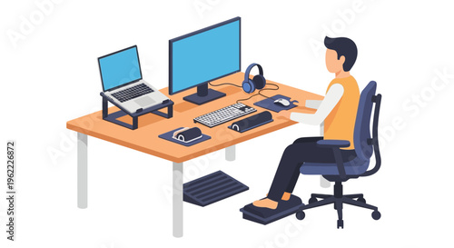 Ergonomic Workspace: Man Working on Computer with Modern Home Office Setup & Accessories - Isometric Illustration