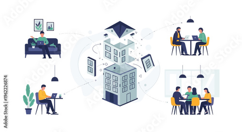 Hybrid Work Model: Connecting Remote & In-Office Teams to a Central Business Hub Illustration