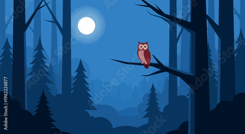 Reddish-brown owl perched on a tree branch at night.