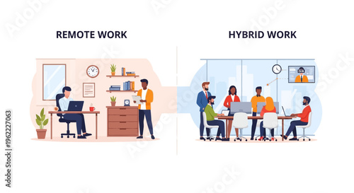 Remote vs. Hybrid Work Models Illustration: Modern Workforce with Flexible Office, Virtual Meetings, and Work From Home Concepts